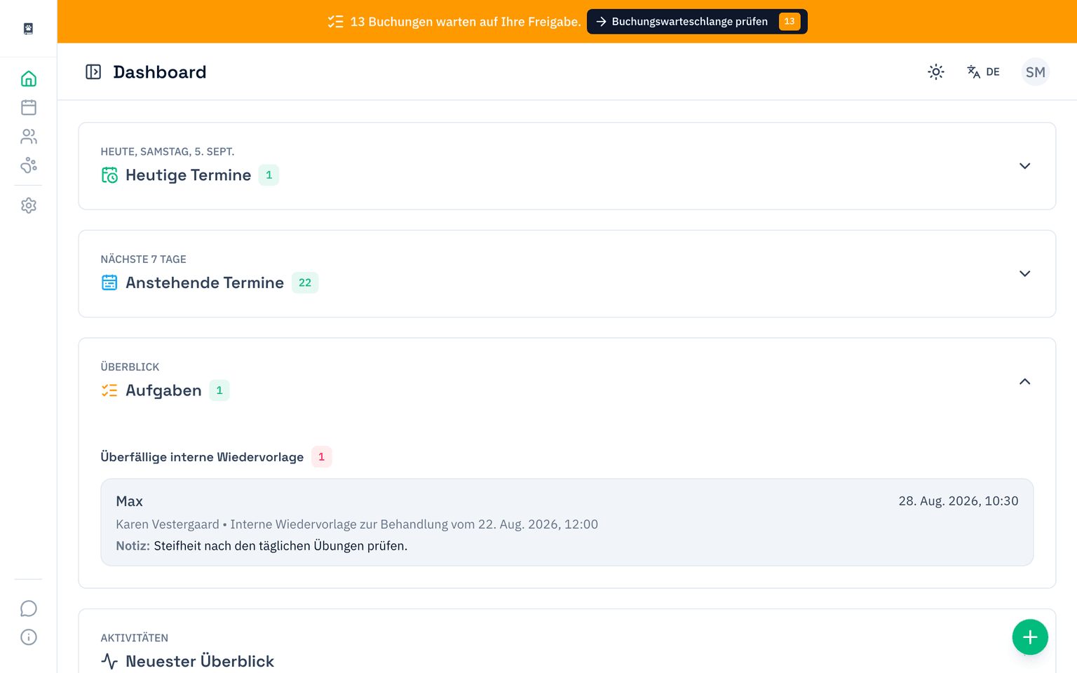 Das PawNote-Dashboard mit dem heutigen Termin, anstehenden Terminen und einer Wiedervorlage