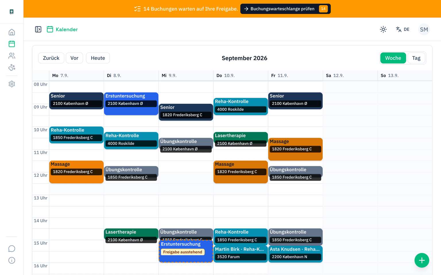 Der PawNote-Kalender mit Online-Buchungen und von der Praxis angelegten Terminen