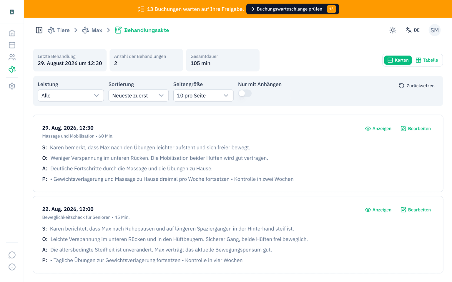 Eine Tierakte in PawNote mit Behandlungsverlauf und strukturierten Notizen